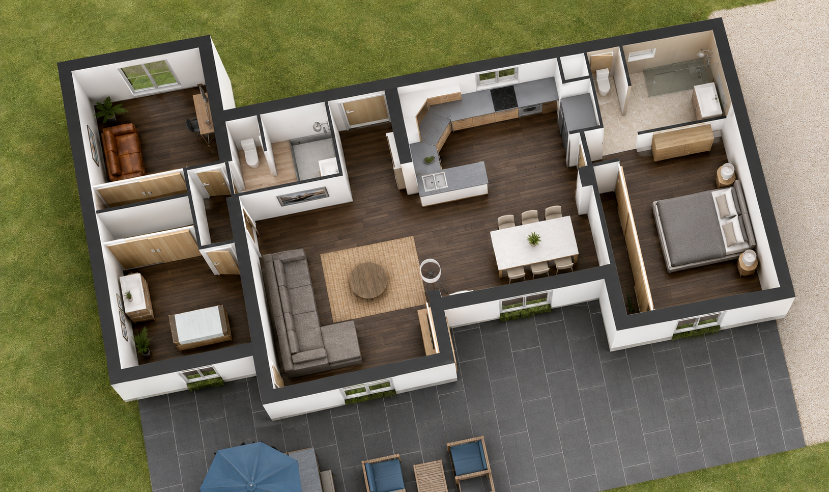 Plan 3D du rez-de-chaussée de 87 m² : séjour, cuisine, trois chambres, salle d'eau et WC