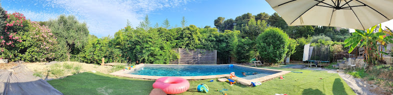 Vue panoramique du jardin et de la piscine